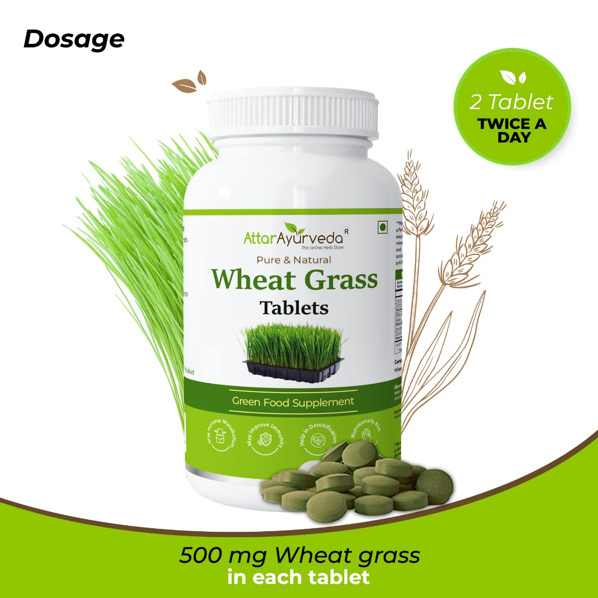 Attar Ayurveda Wheat Grass Tablets (120 Tablets, 500mg)