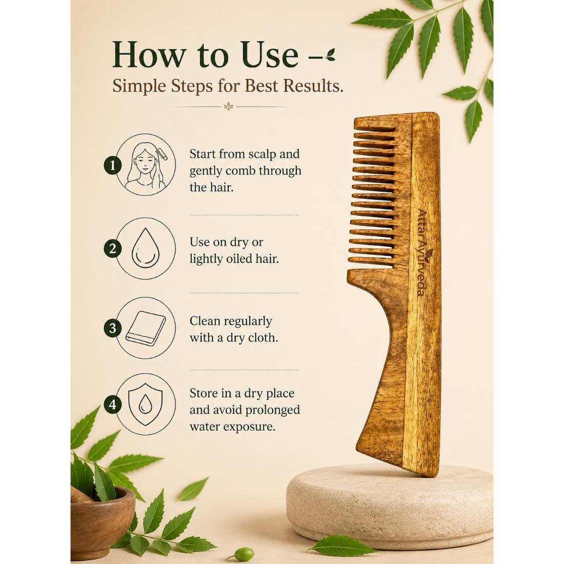 Kacchi Neem Wooden Comb | Treated with Herbal Rosemary Oil | Good for Daily Hair and Scalp care - Image 4